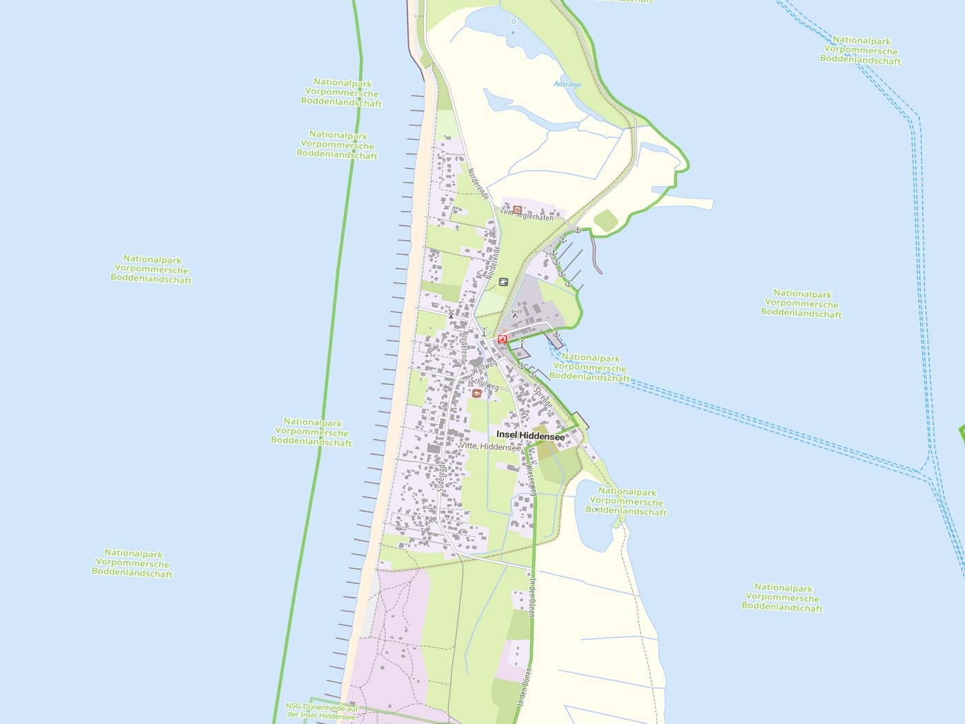 Kartenausschnitt Insel Hiddensee mit Gewässern