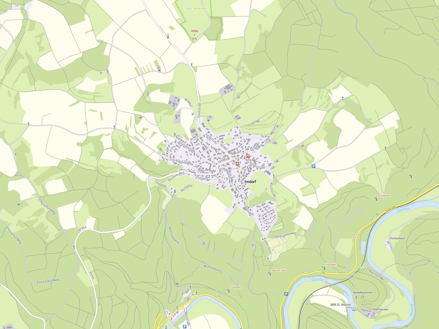 Kartenausschnitt Irndorf mit Gewässern