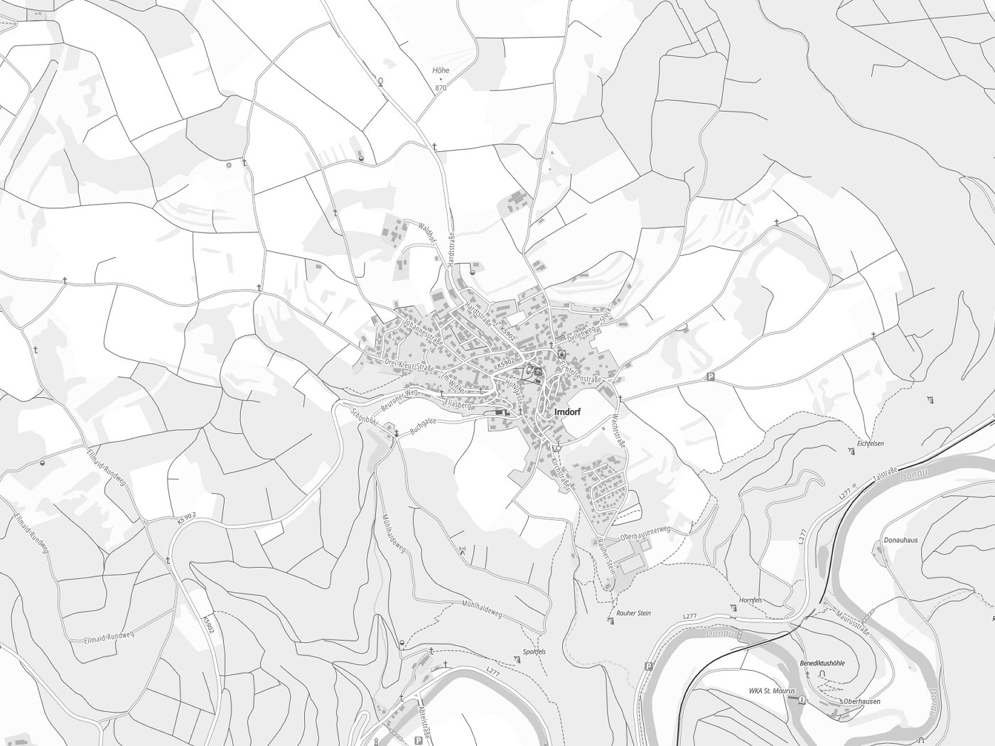 Kartenausschnitt Irndorf mit Gewässern