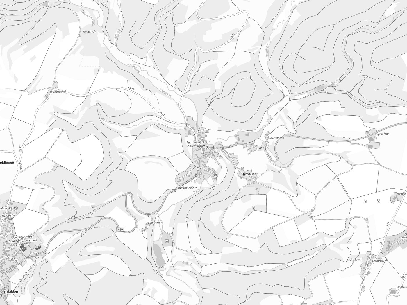 Kartenausschnitt Irrhausen mit Gewässern