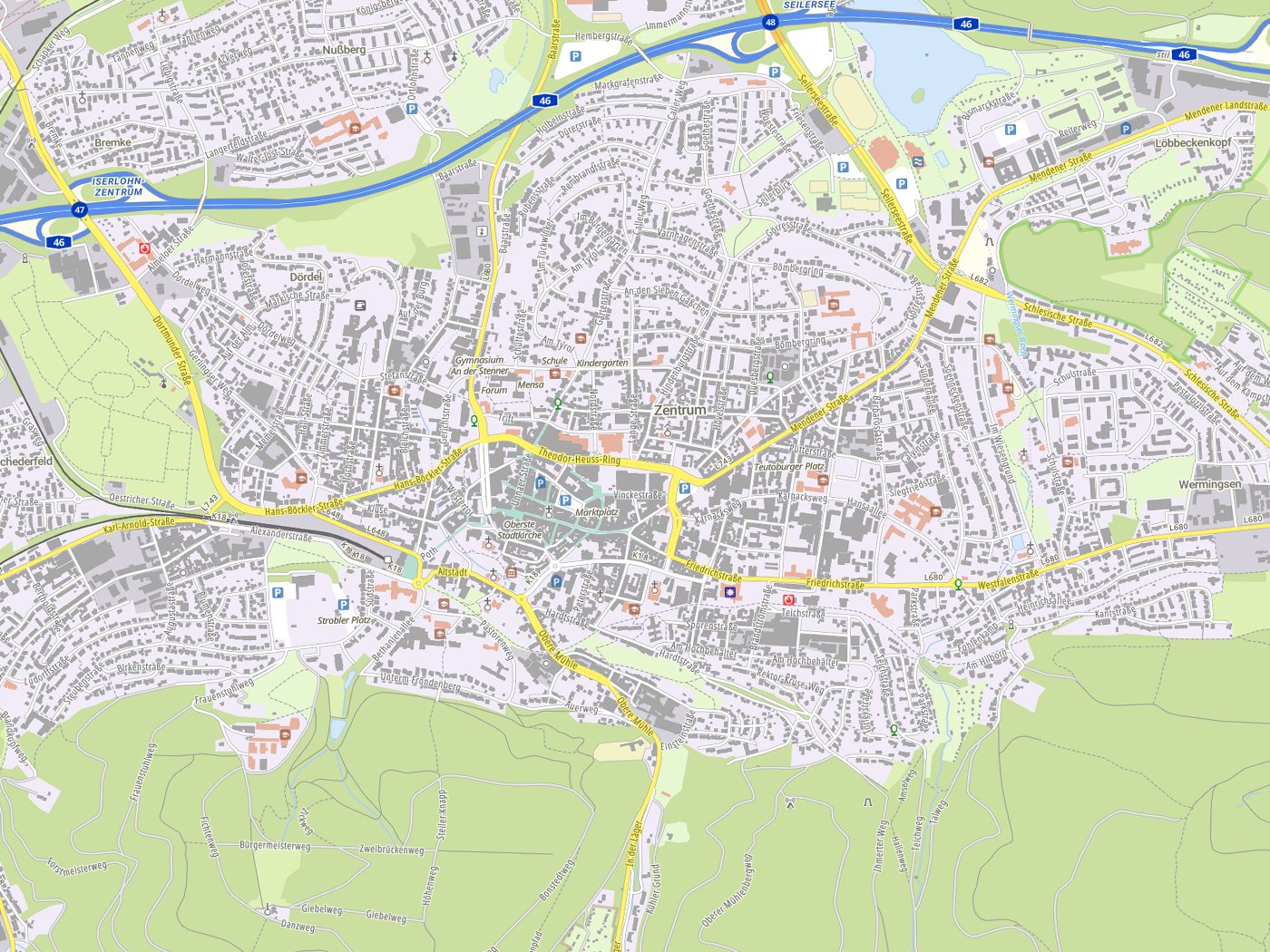 Kartenausschnitt Iserlohn mit Gewässern