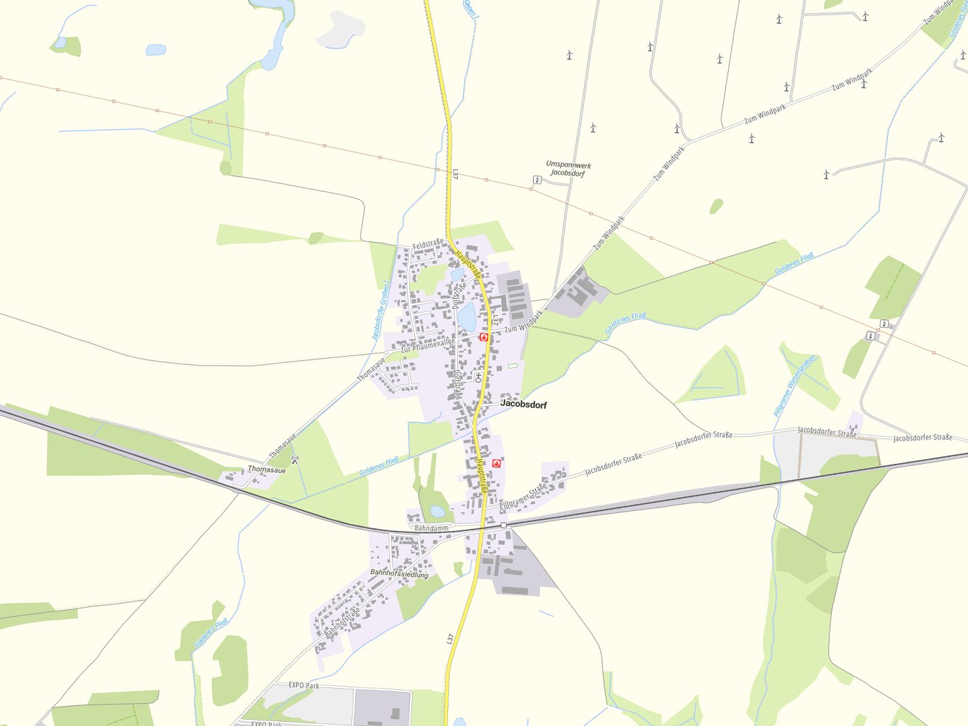 Kartenausschnitt Jacobsdorf mit Gewässern