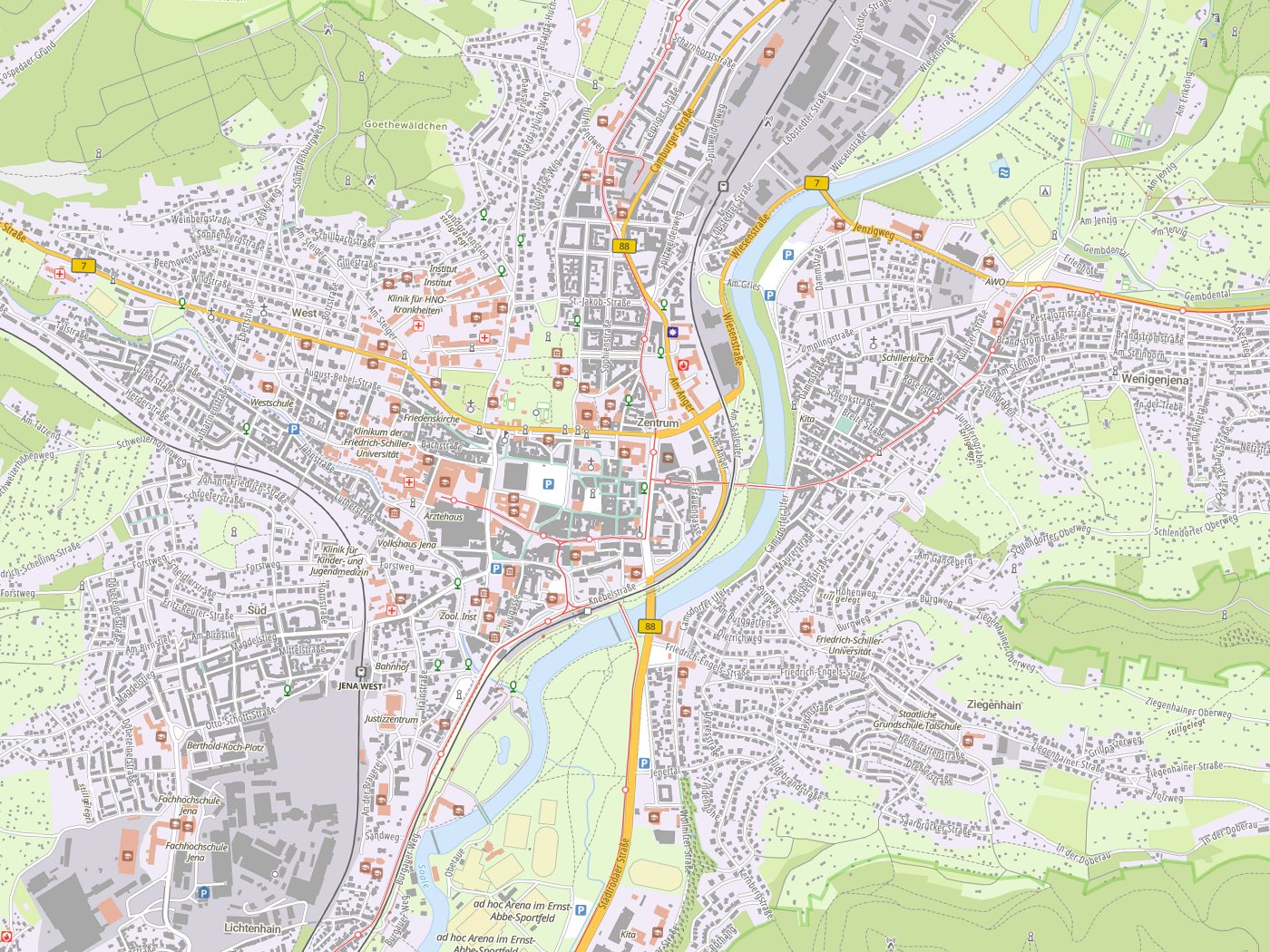Kartenausschnitt Jena mit Gewässern