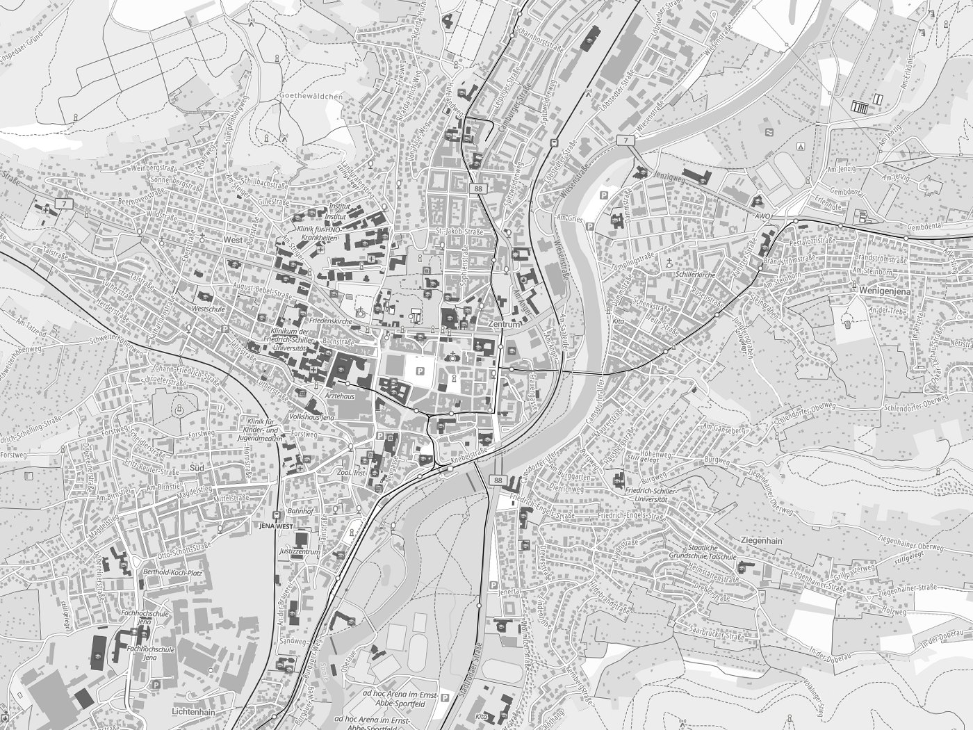 Kartenausschnitt Jena mit Gewässern