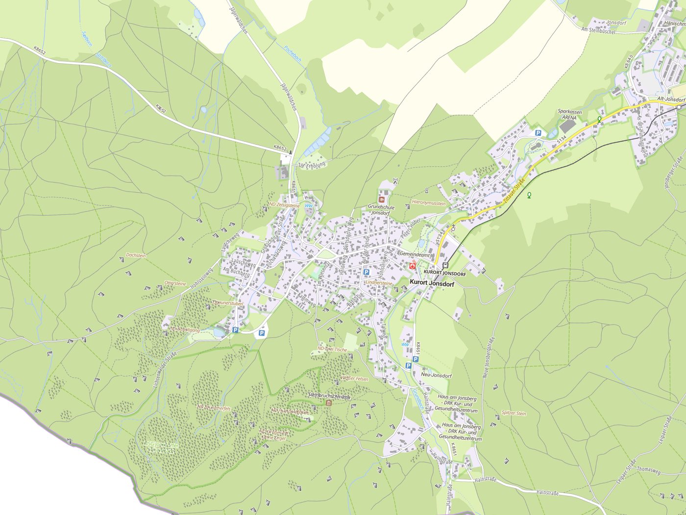 Kartenausschnitt Jonsdorf mit Gewässern
