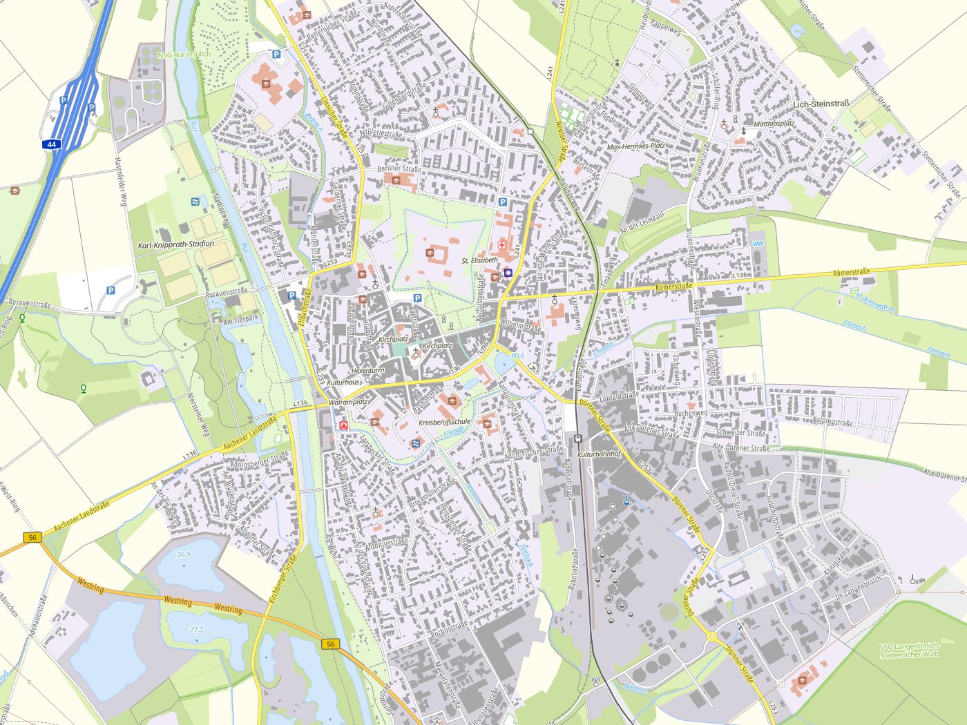 Kartenausschnitt Jülich mit Gewässern