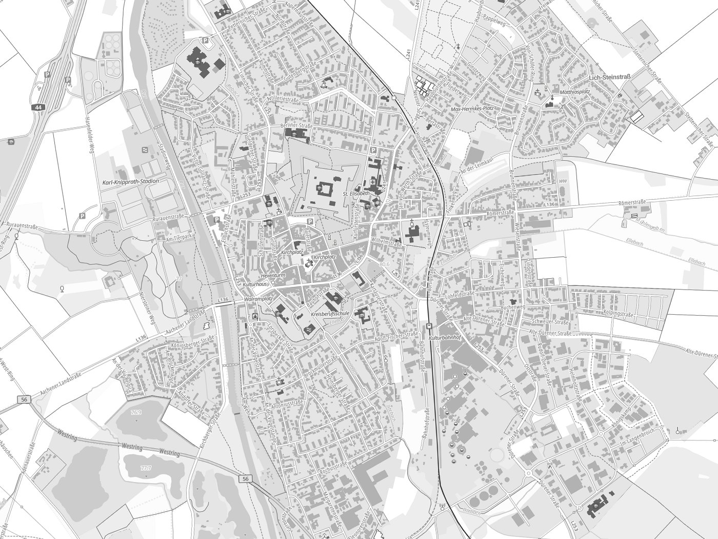 Kartenausschnitt Jülich mit Gewässern
