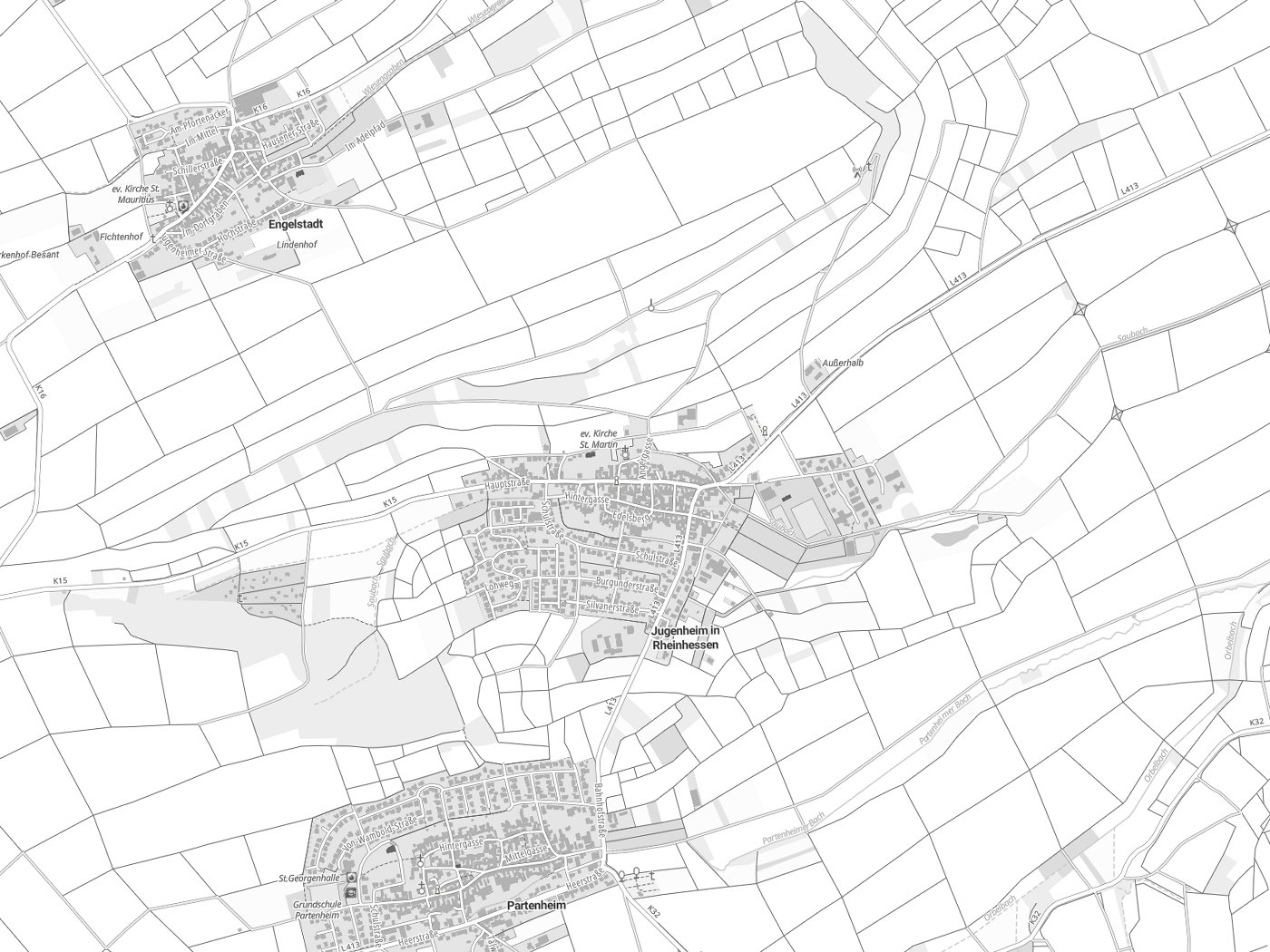 Kartenausschnitt Jugenheim in Rheinhessen mit Gewässern