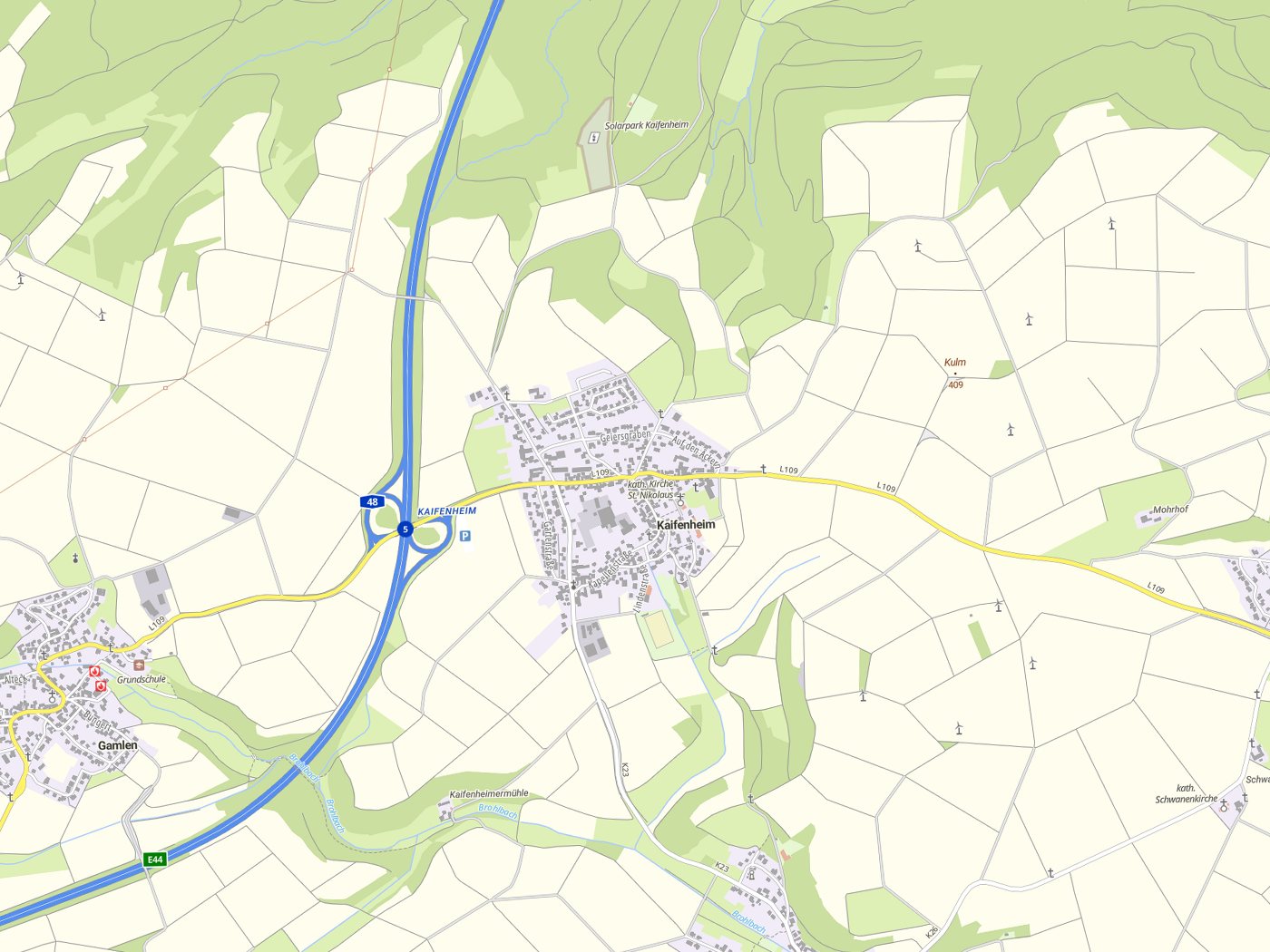 Kartenausschnitt Kaifenheim mit Gewässern