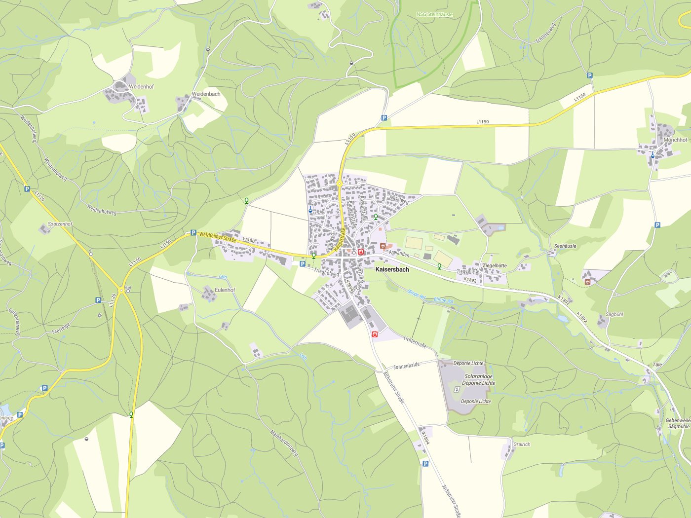 Kartenausschnitt Kaisersbach mit Gewässern