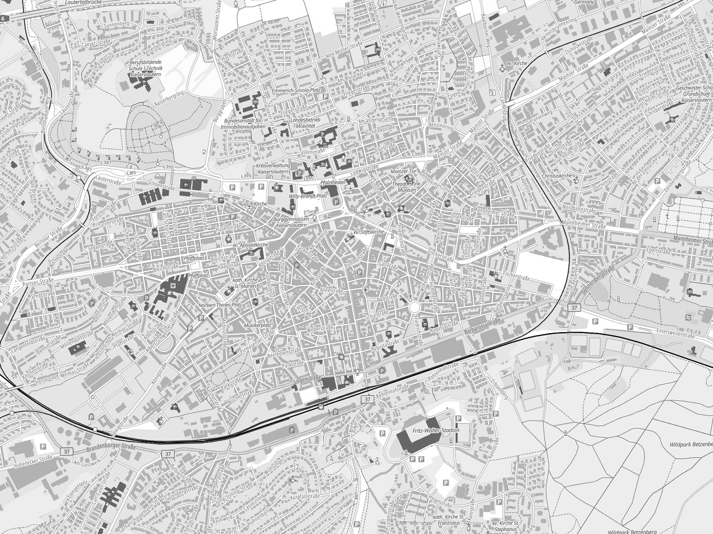 Kartenausschnitt Kaiserslautern mit Gewässern