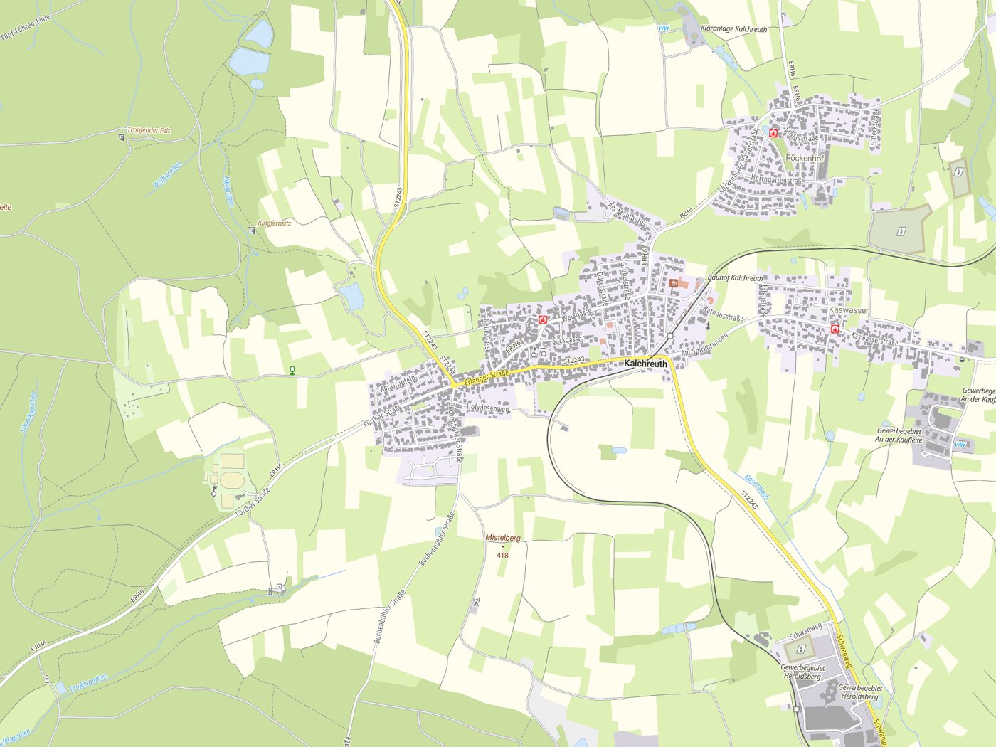 Kartenausschnitt Kalchreuth mit Gewässern