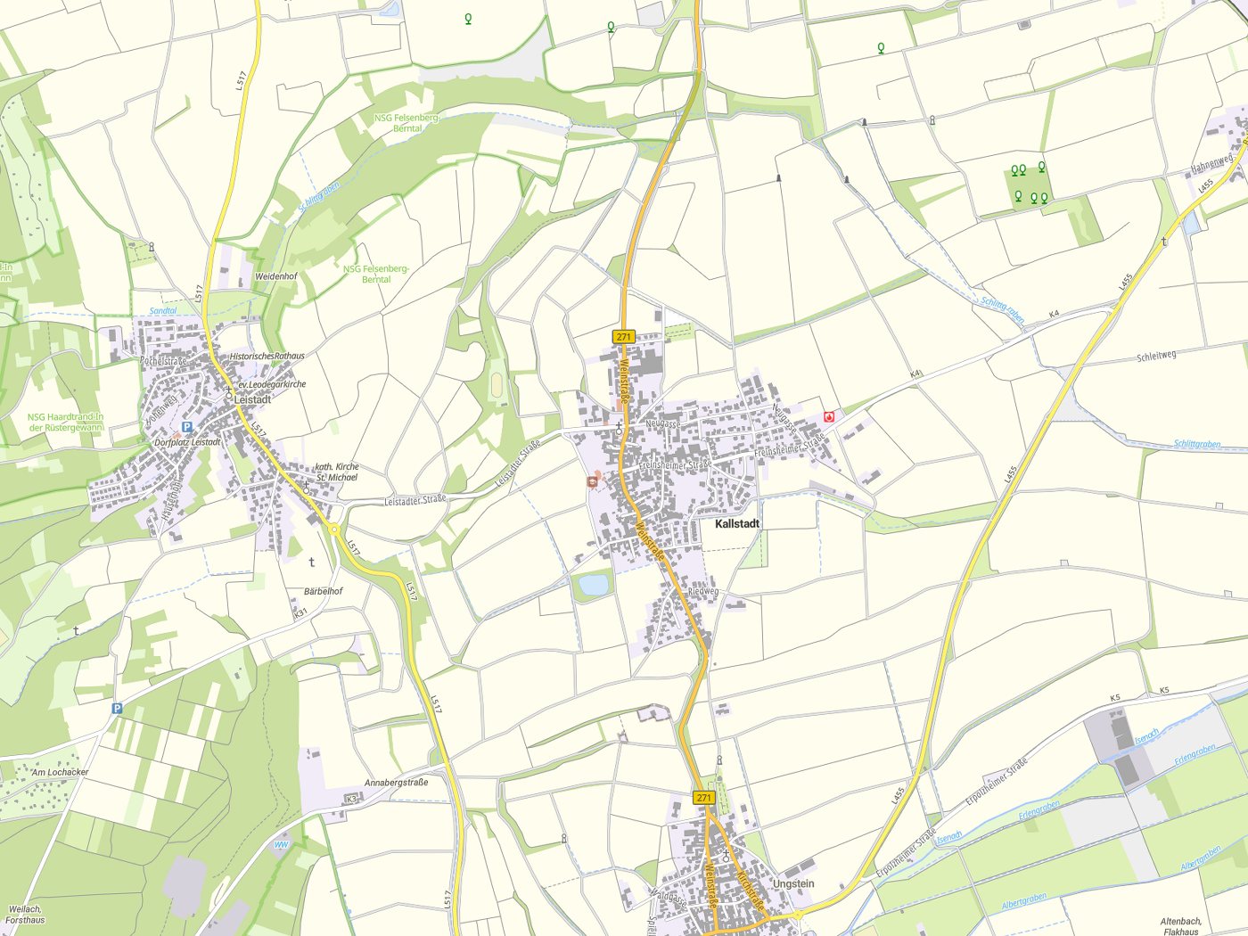 Kartenausschnitt Kallstadt mit Gewässern