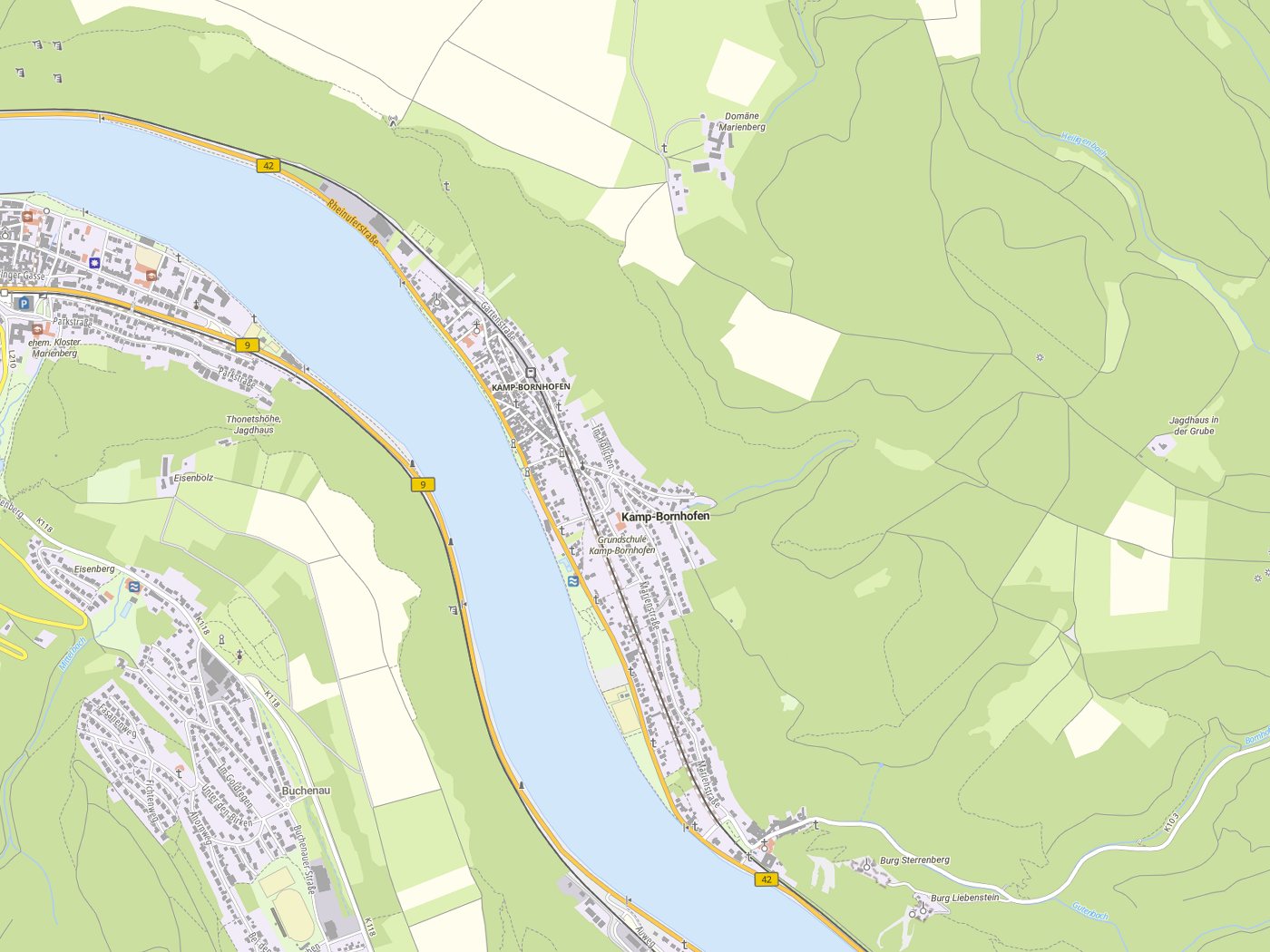 Kartenausschnitt Kamp-Bornhofen mit Gewässern