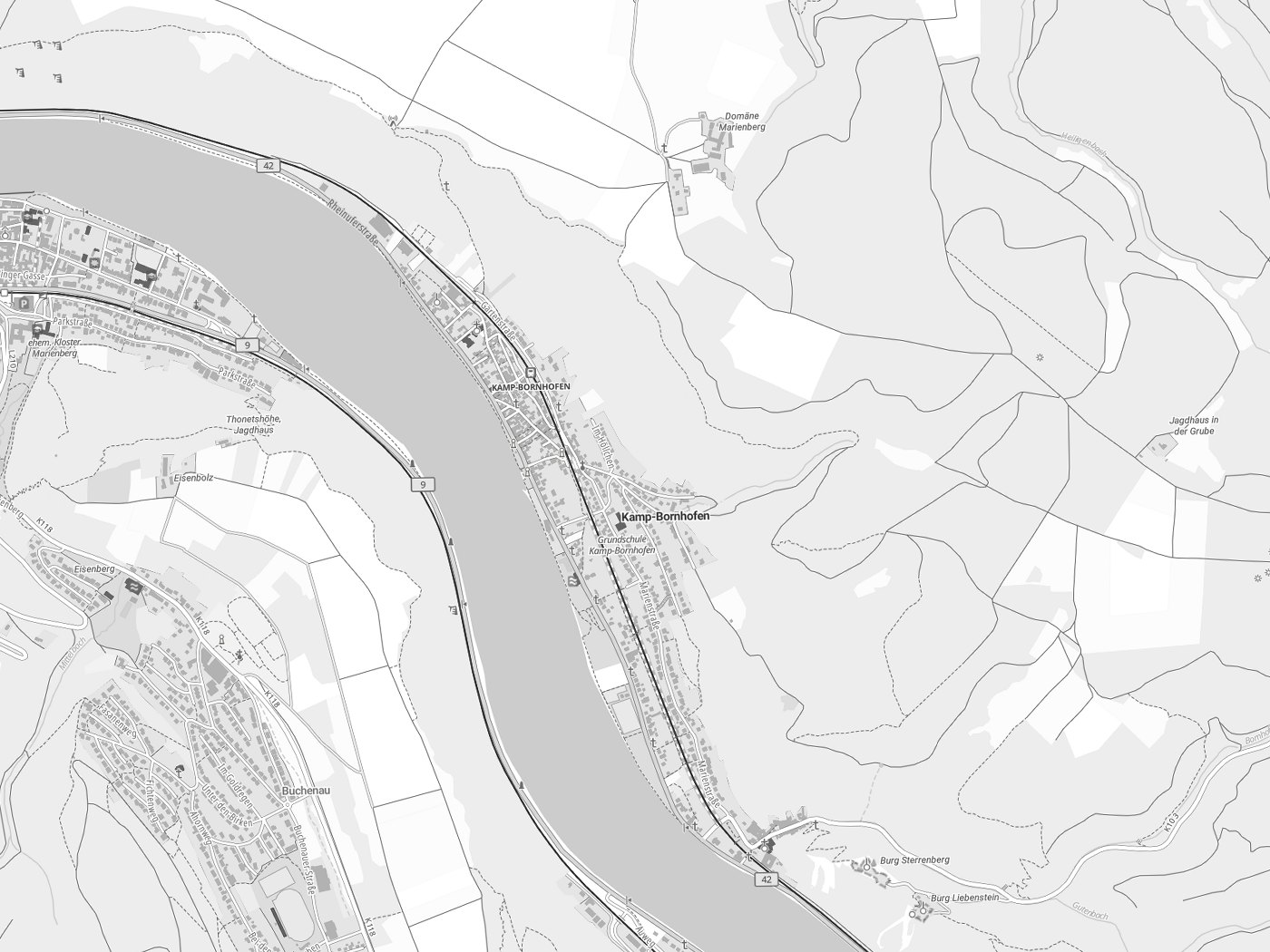 Kartenausschnitt Kamp-Bornhofen mit Gewässern