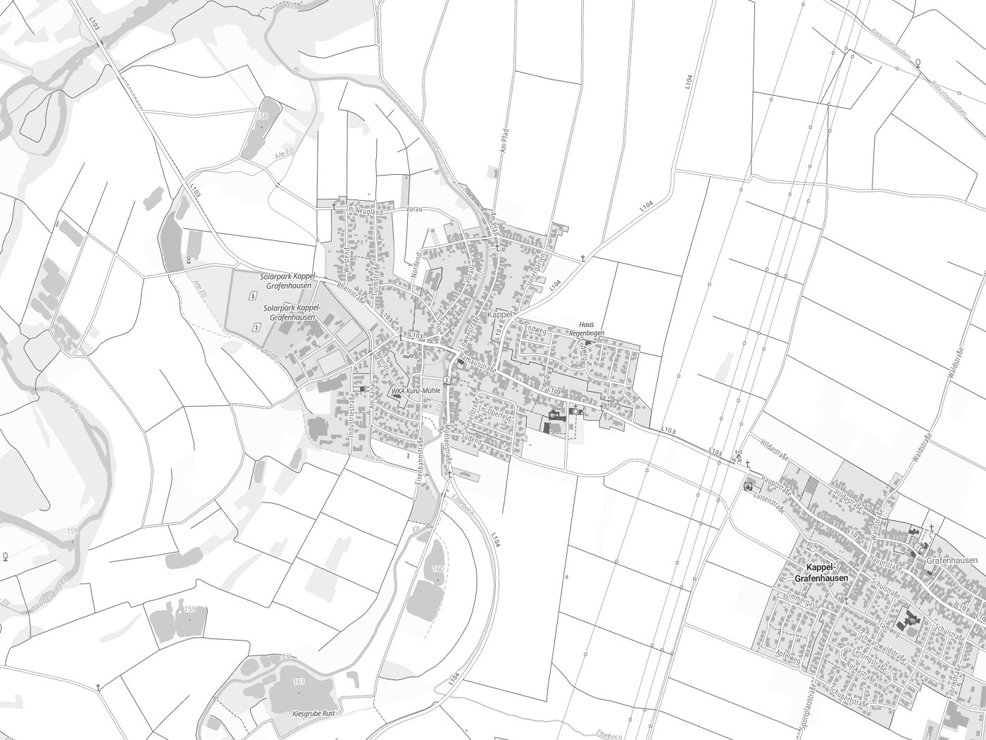 Kartenausschnitt Kappel-Grafenhausen mit Gewässern