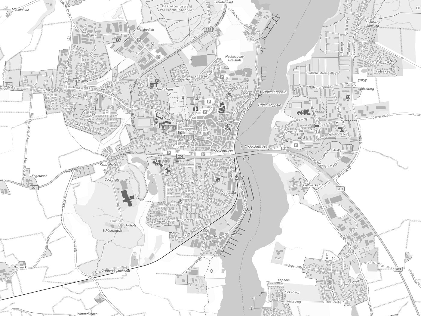 Kartenausschnitt Kappeln mit Gewässern