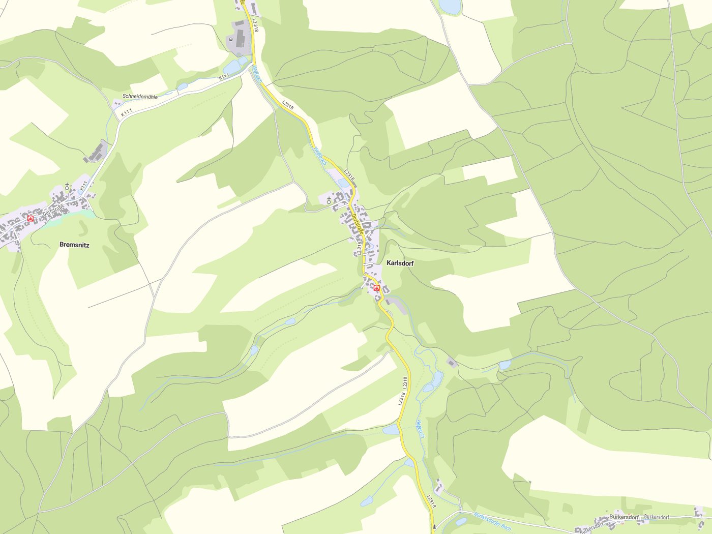 Kartenausschnitt Karlsdorf mit Gewässern