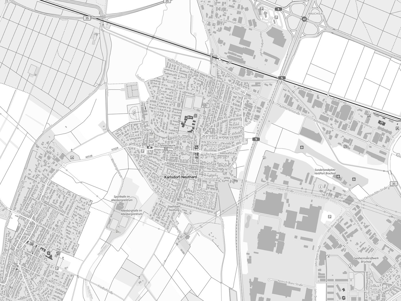 Kartenausschnitt Karlsdorf-Neuthard mit Gewässern