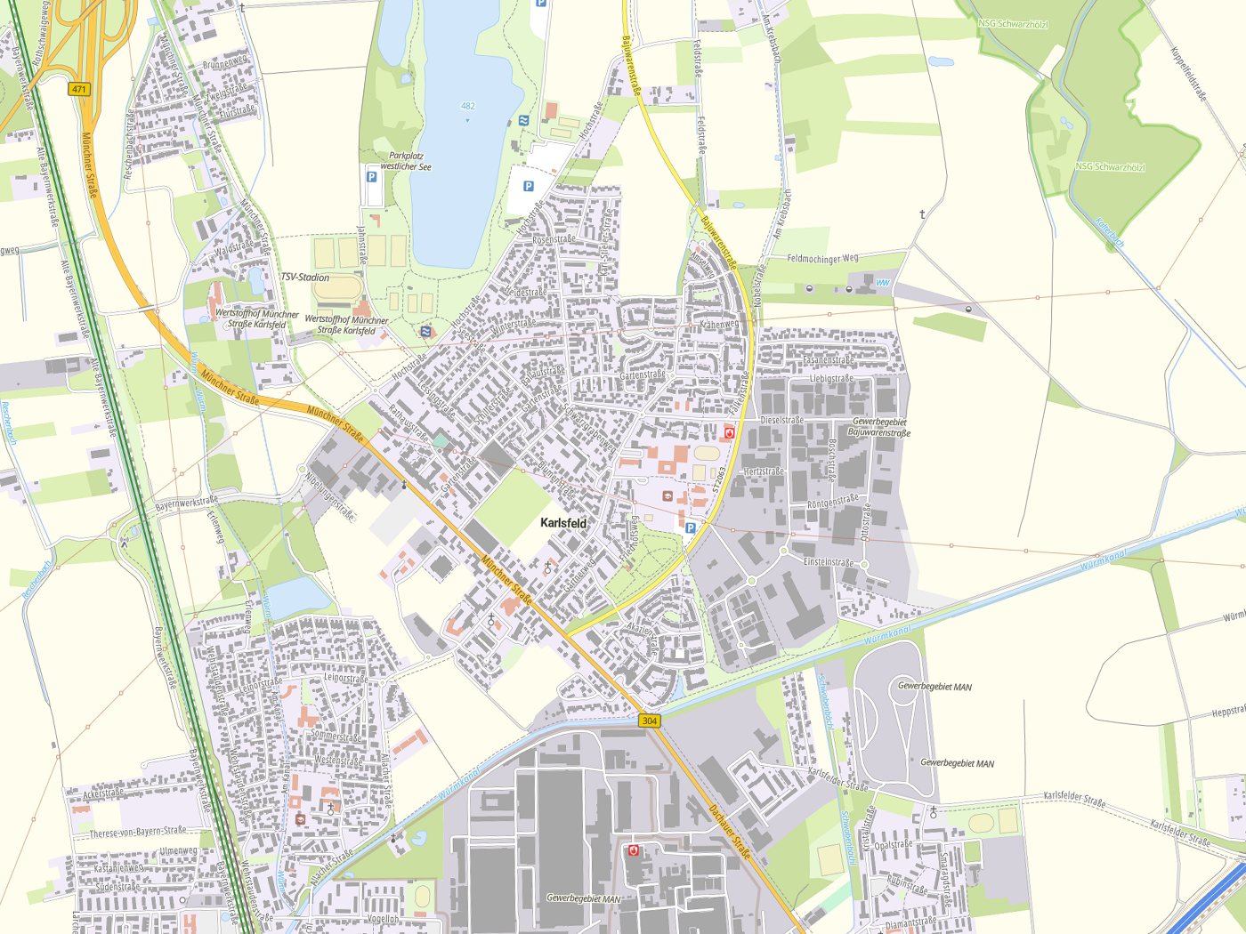 Kartenausschnitt Karlsfeld mit Gewässern