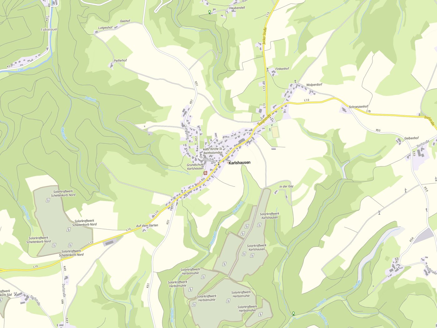 Kartenausschnitt Karlshausen mit Gewässern