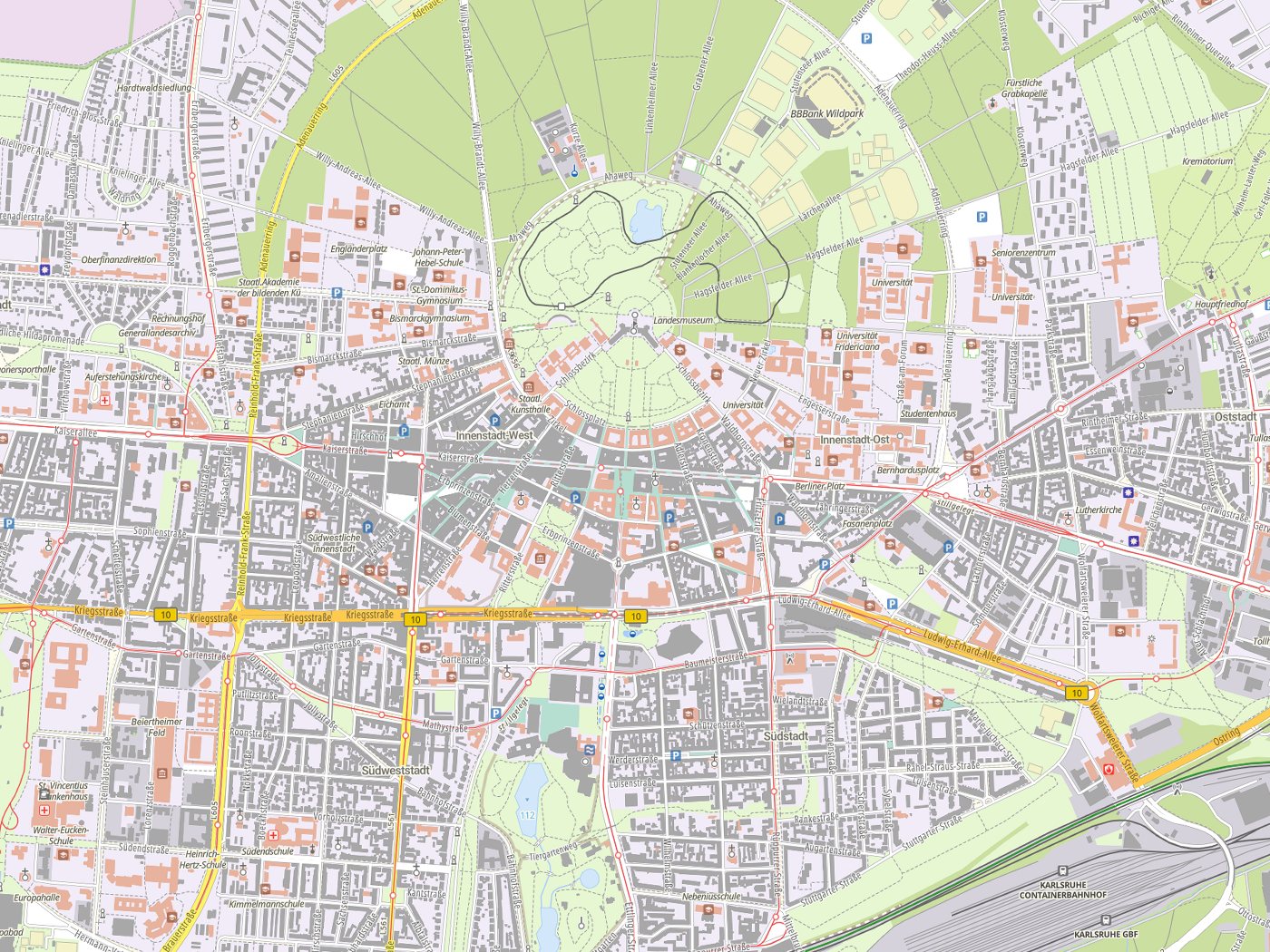 Kartenausschnitt Karlsruhe mit Gewässern