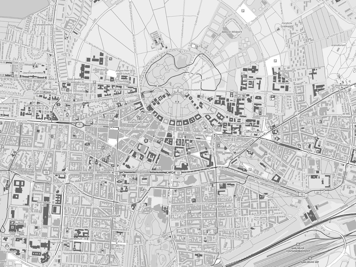 Kartenausschnitt Karlsruhe mit Gewässern