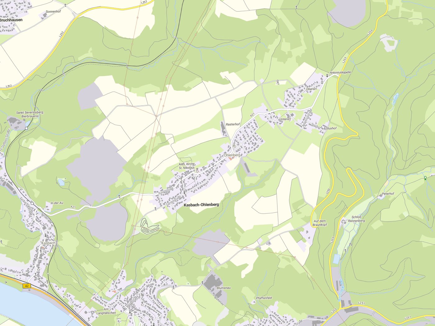 Kartenausschnitt Kasbach-Ohlenberg mit Gewässern