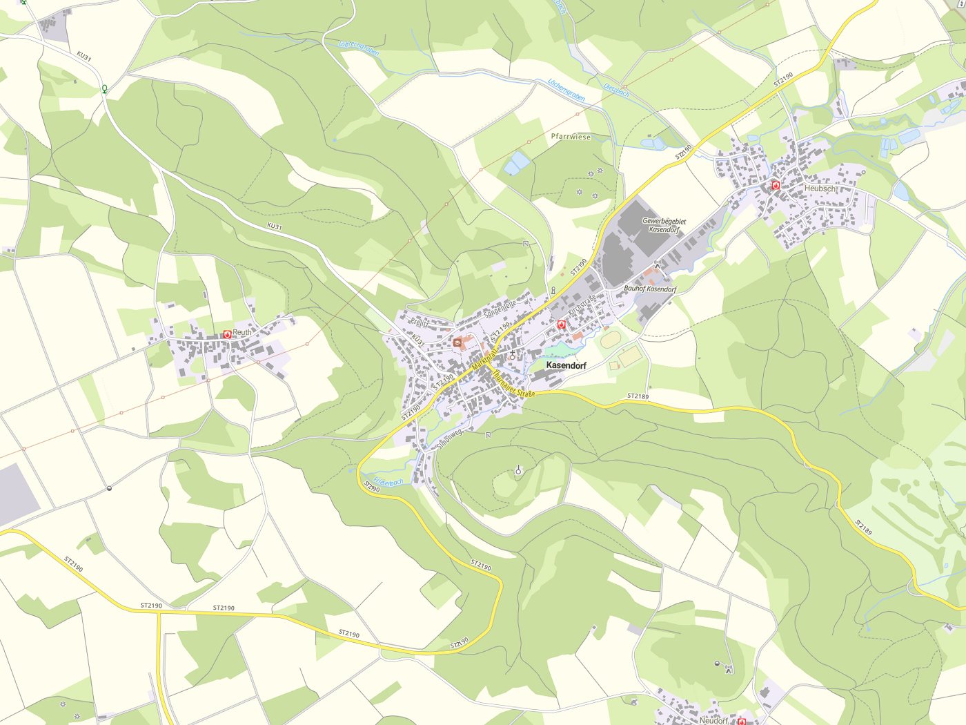 Kartenausschnitt Kasendorf mit Gewässern