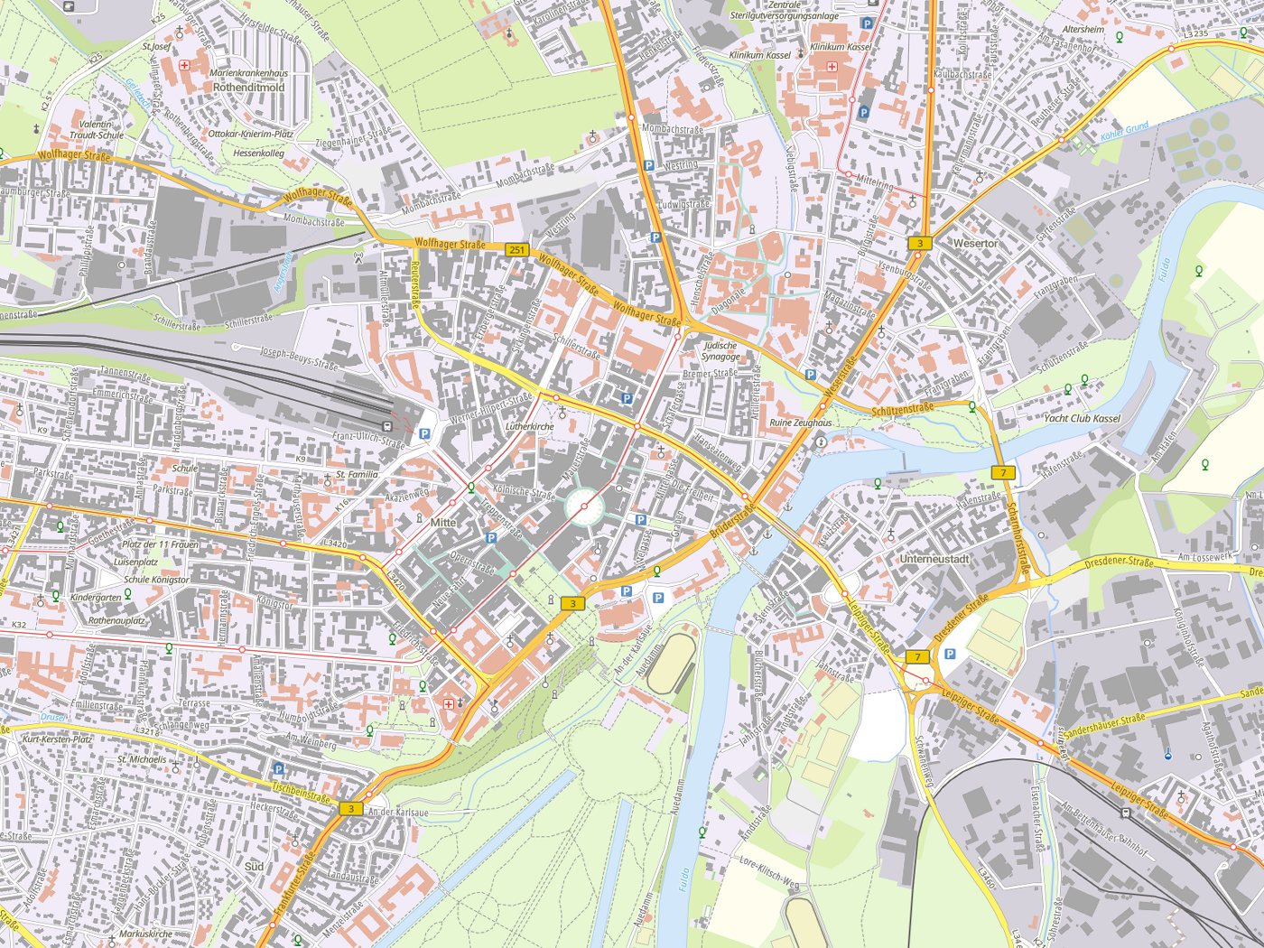 Kartenausschnitt Kassel mit Gewässern