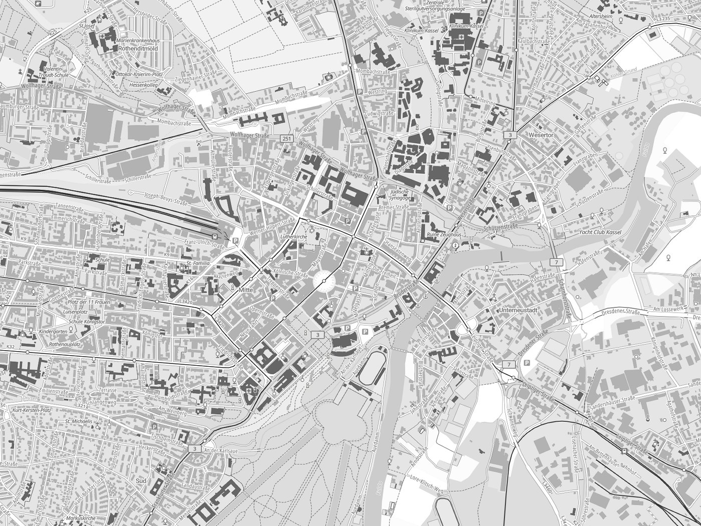 Kartenausschnitt Kassel mit Gewässern