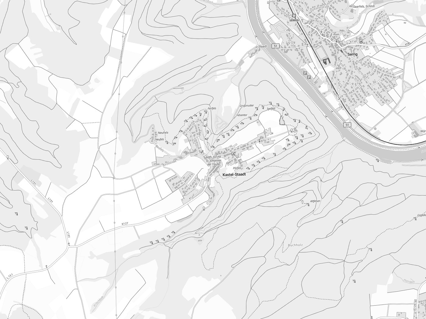 Kartenausschnitt Kastel-Staadt mit Gewässern