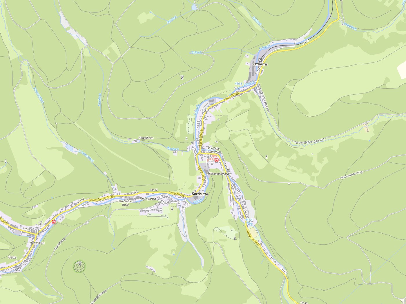 Kartenausschnitt Katzhütte mit Gewässern