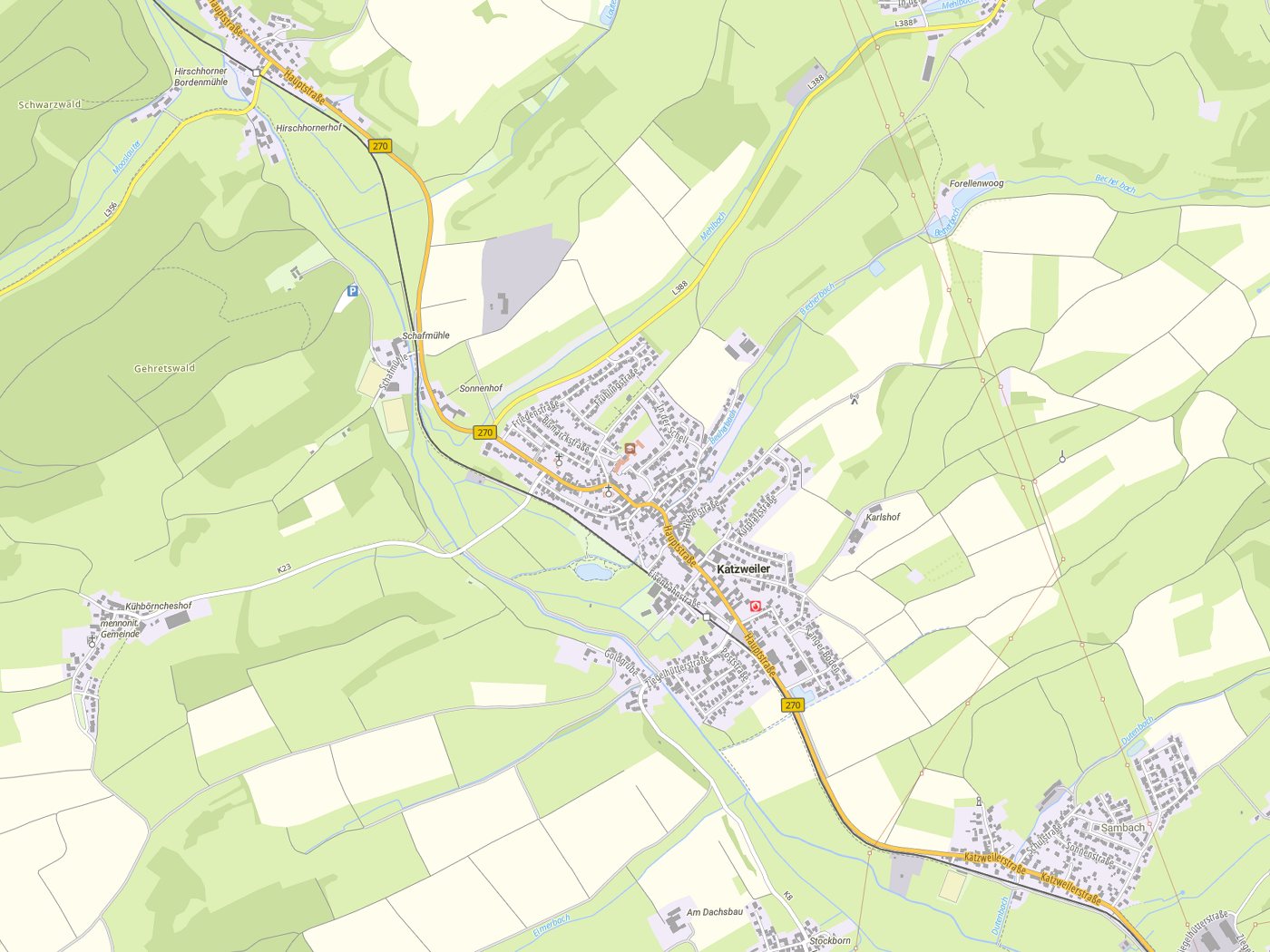 Kartenausschnitt Katzweiler mit Gewässern