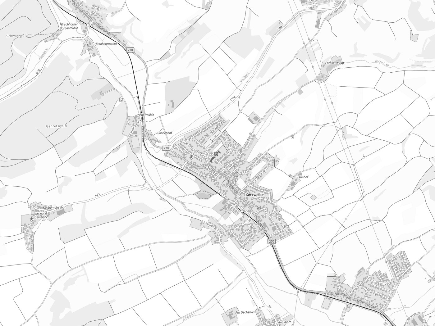 Kartenausschnitt Katzweiler mit Gewässern