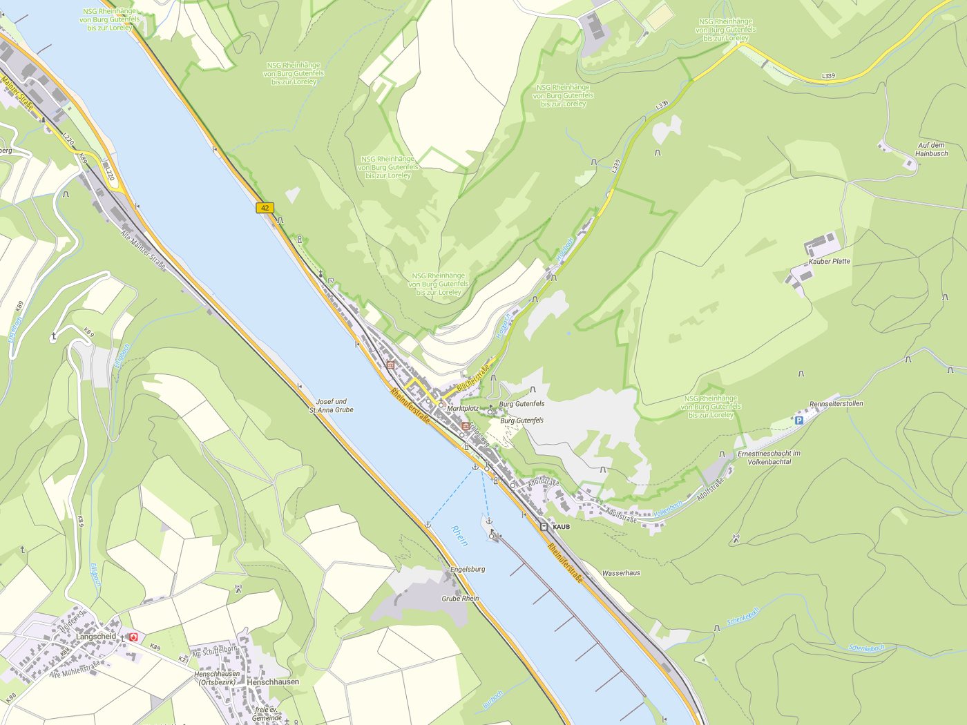 Kartenausschnitt Kaub mit Gewässern