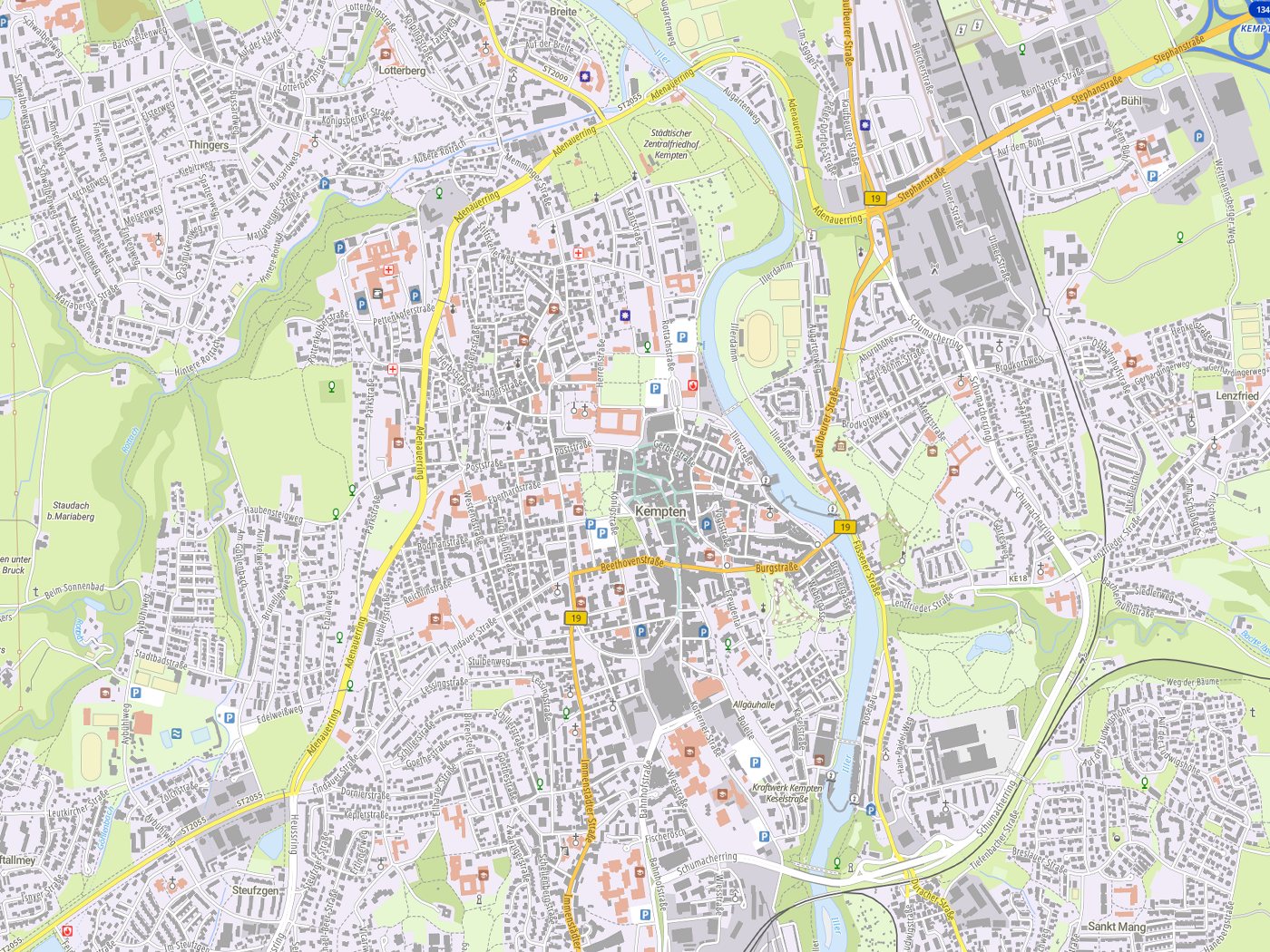 Kartenausschnitt Kempten (Allgäu) mit Gewässern