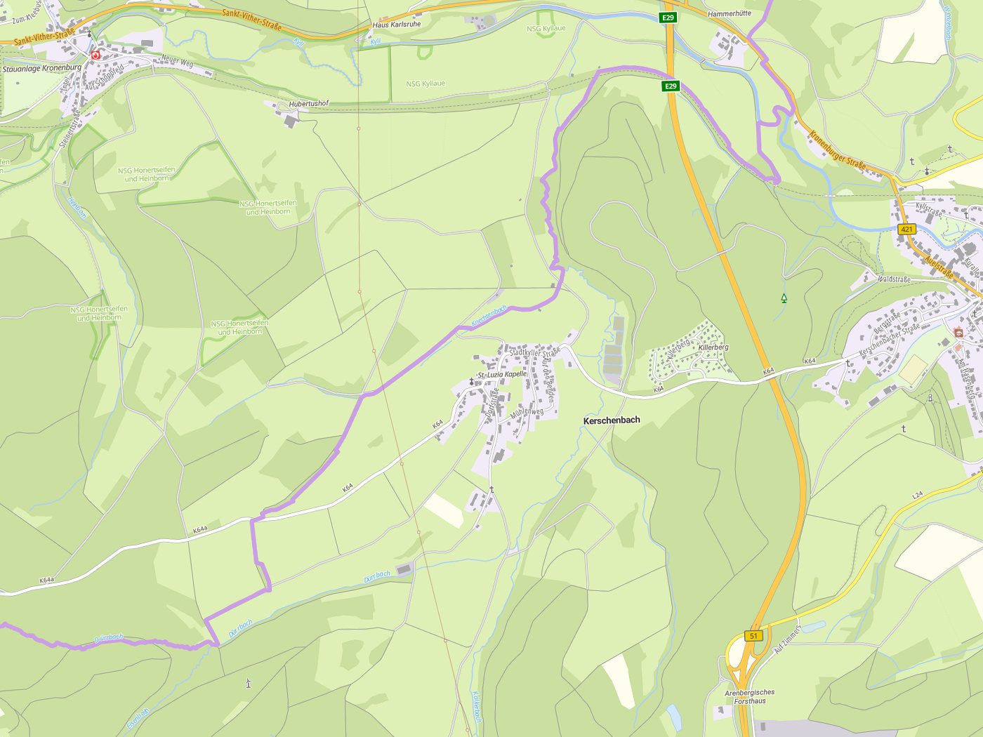 Kartenausschnitt Kerschenbach mit Gewässern