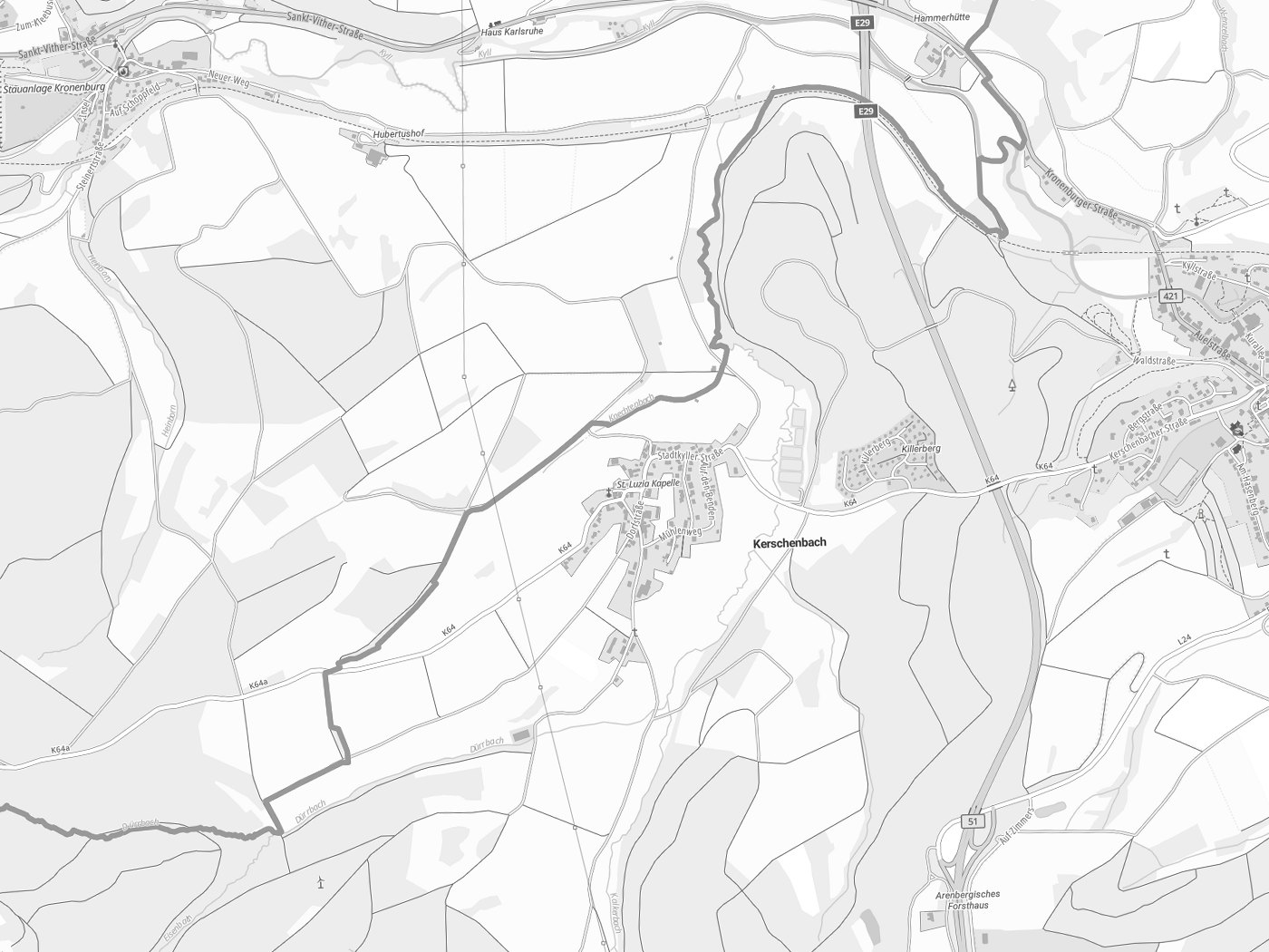 Kartenausschnitt Kerschenbach mit Gewässern