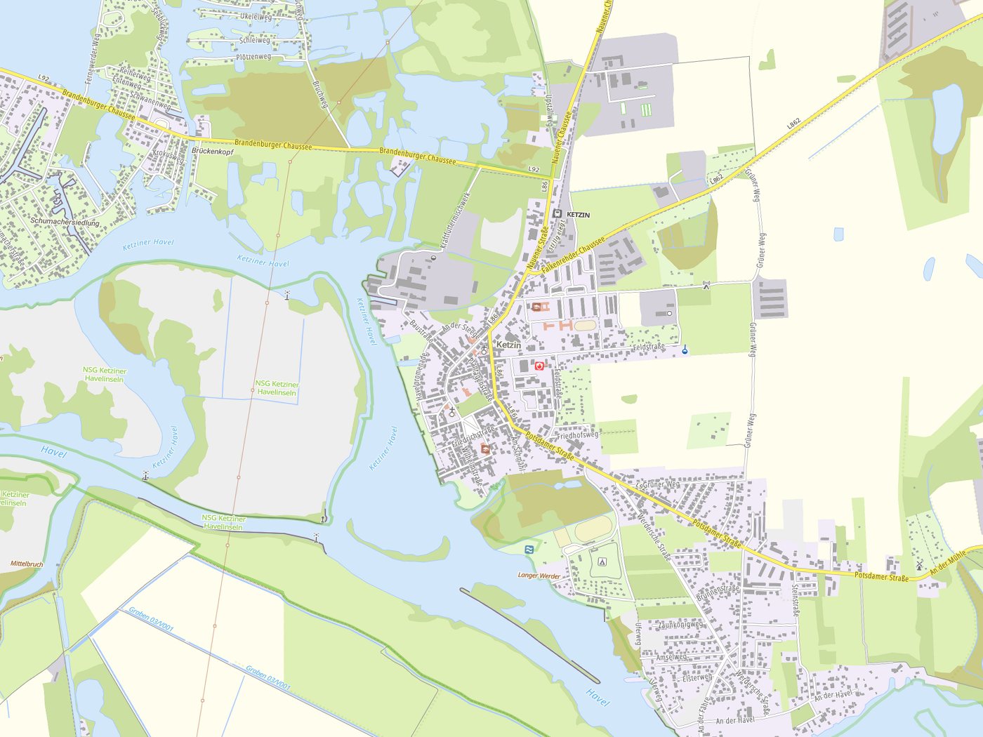 Kartenausschnitt Ketzin/Havel mit Gewässern