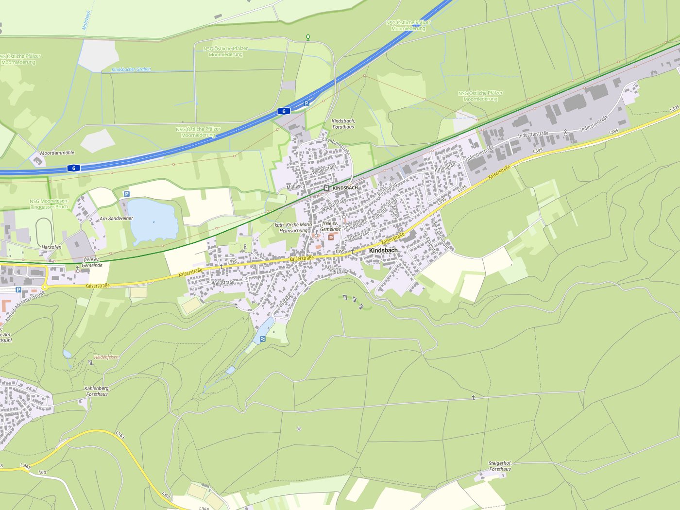 Kartenausschnitt Kindsbach mit Gewässern