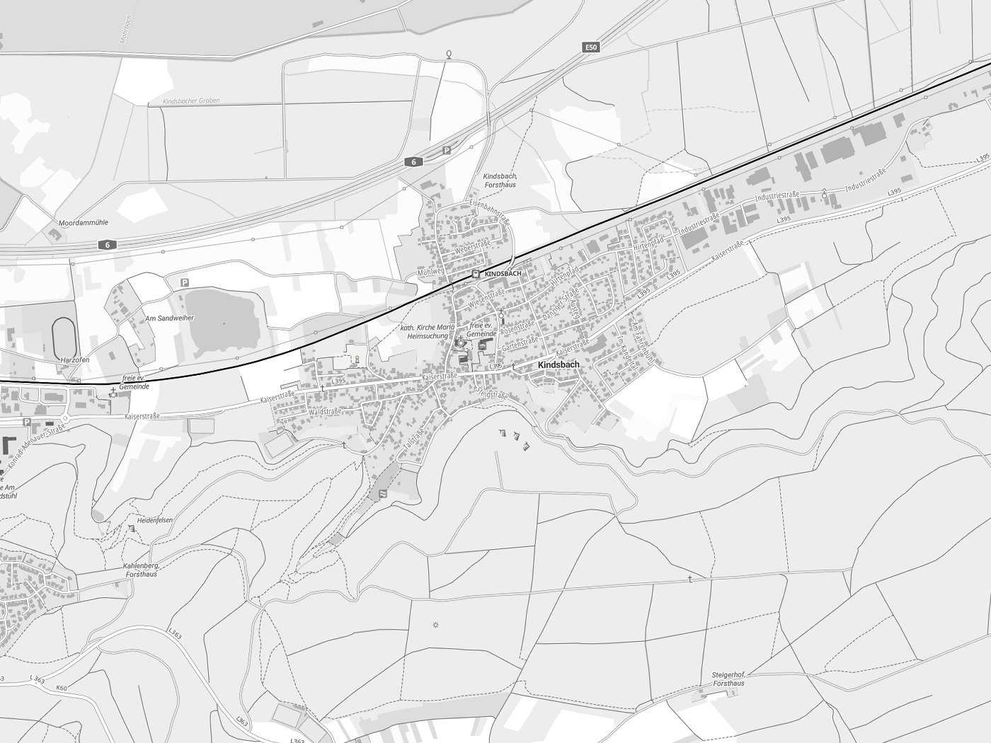 Kartenausschnitt Kindsbach mit Gewässern