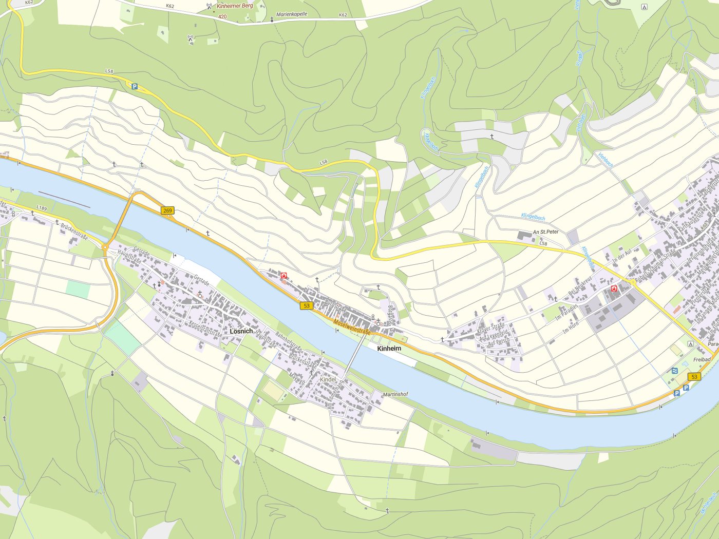 Kartenausschnitt Kinheim mit Gewässern