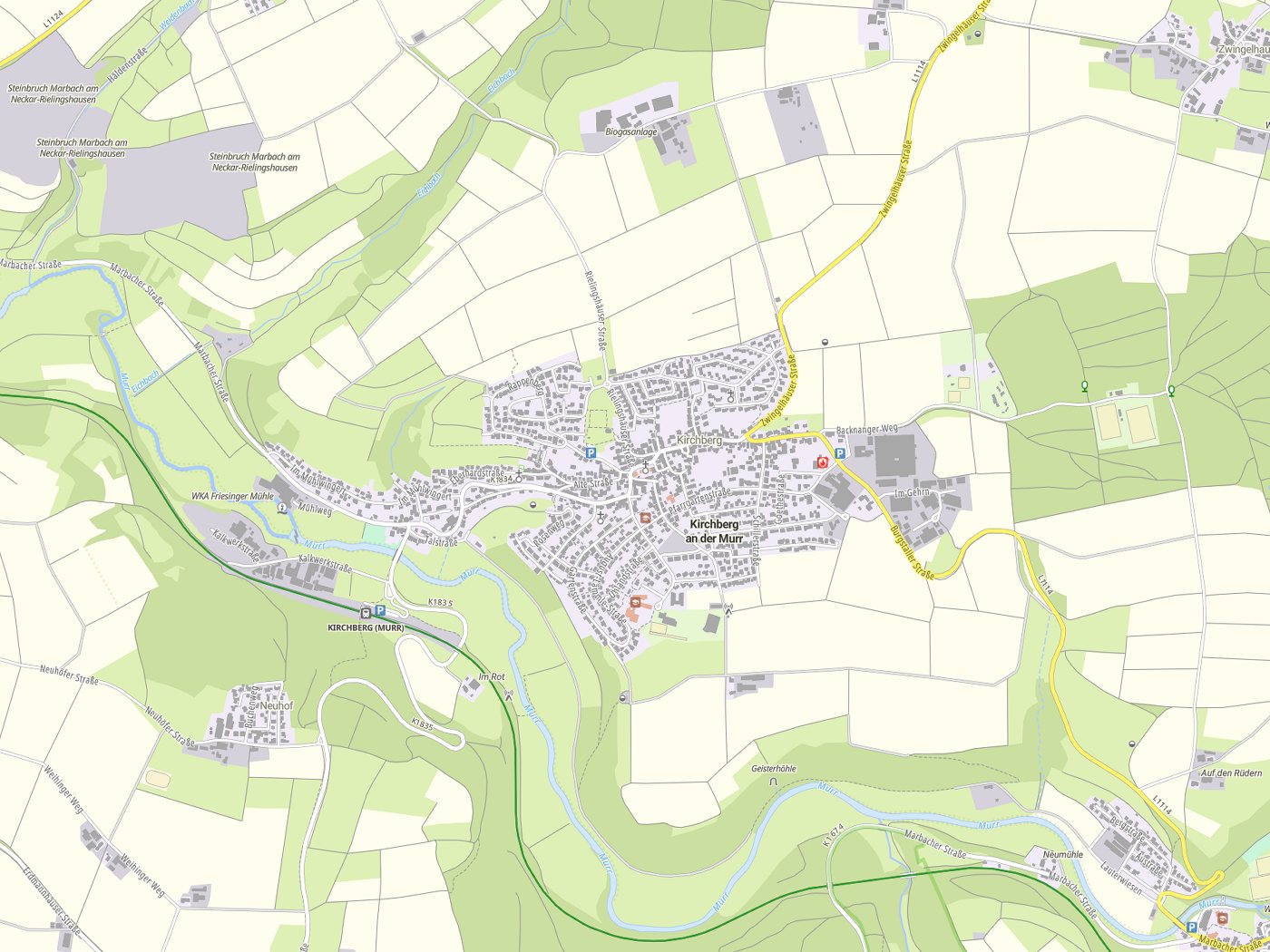 Kartenausschnitt Kirchberg an der Murr mit Gewässern