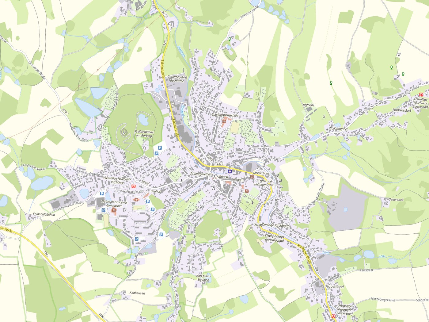 Kartenausschnitt Kirchberg mit Gewässern
