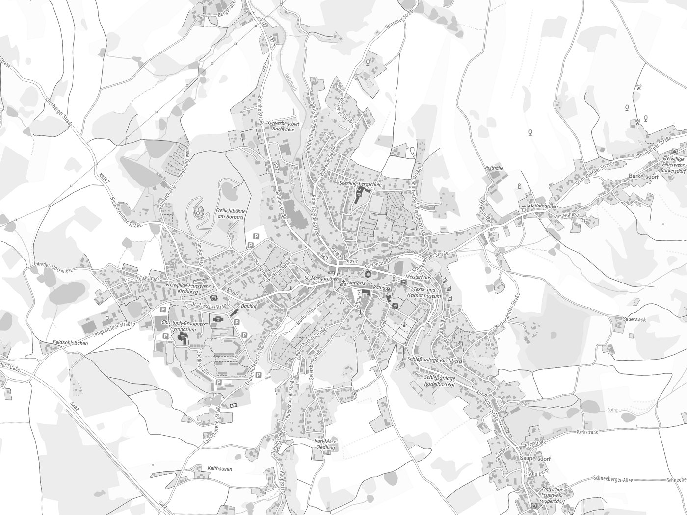 Kartenausschnitt Kirchberg mit Gewässern