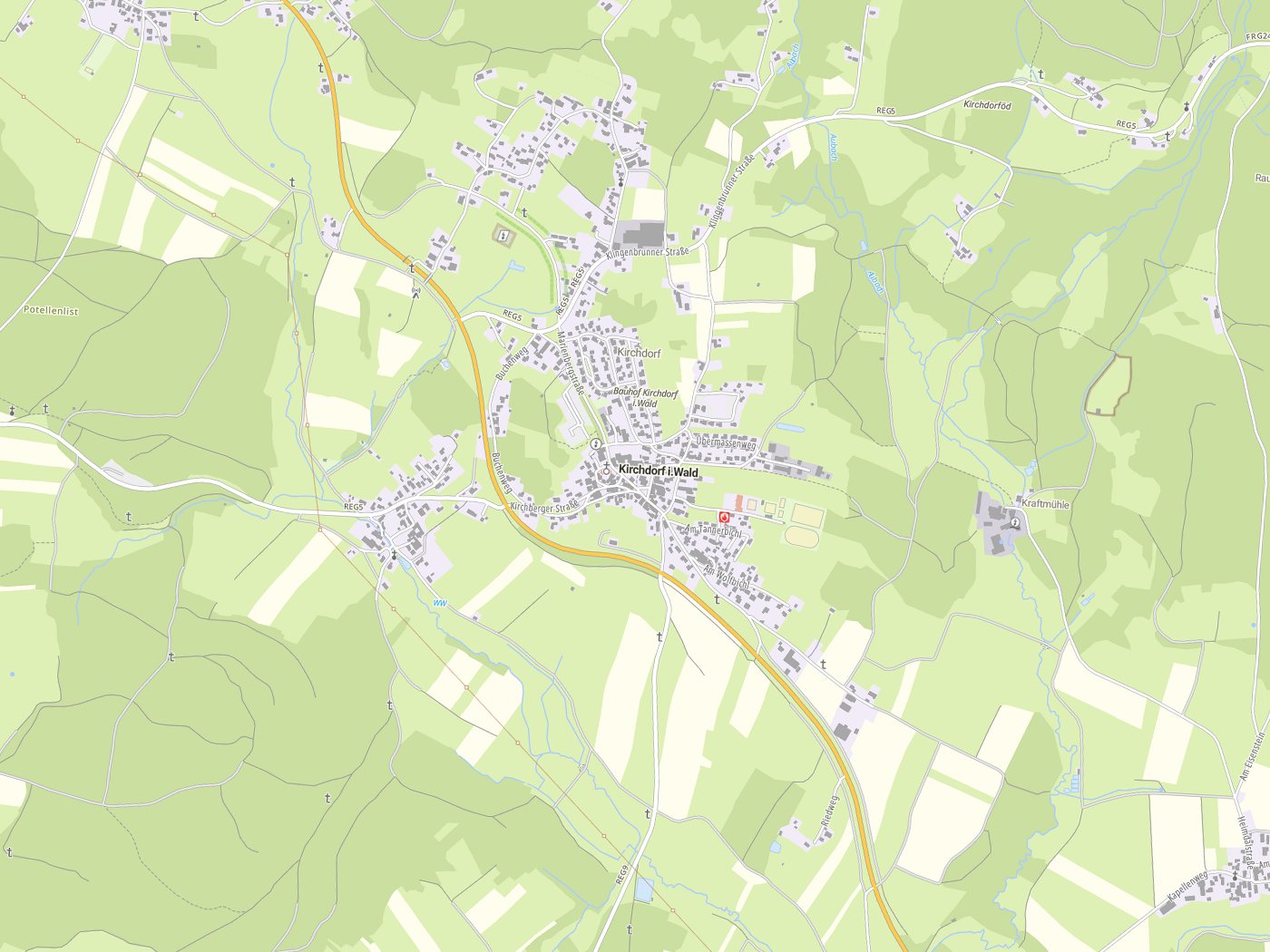 Kartenausschnitt Kirchdorf i.Wald mit Gewässern