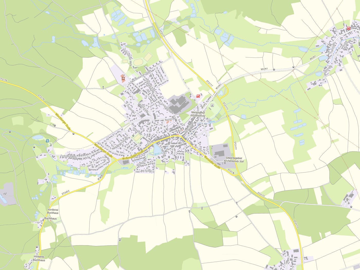 Kartenausschnitt Kirchenlamitz mit Gewässern