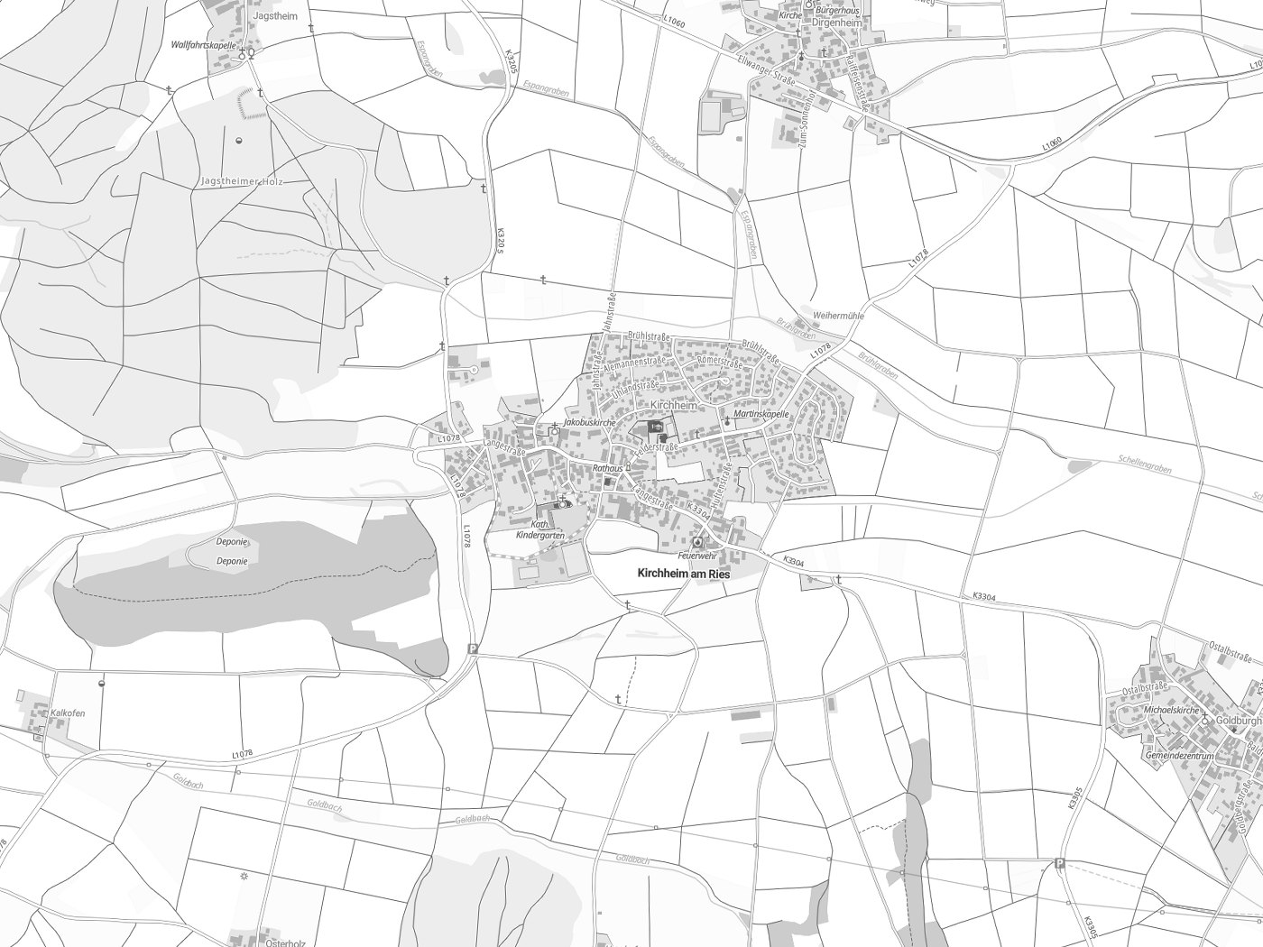 Kartenausschnitt Kirchheim am Ries mit Gewässern