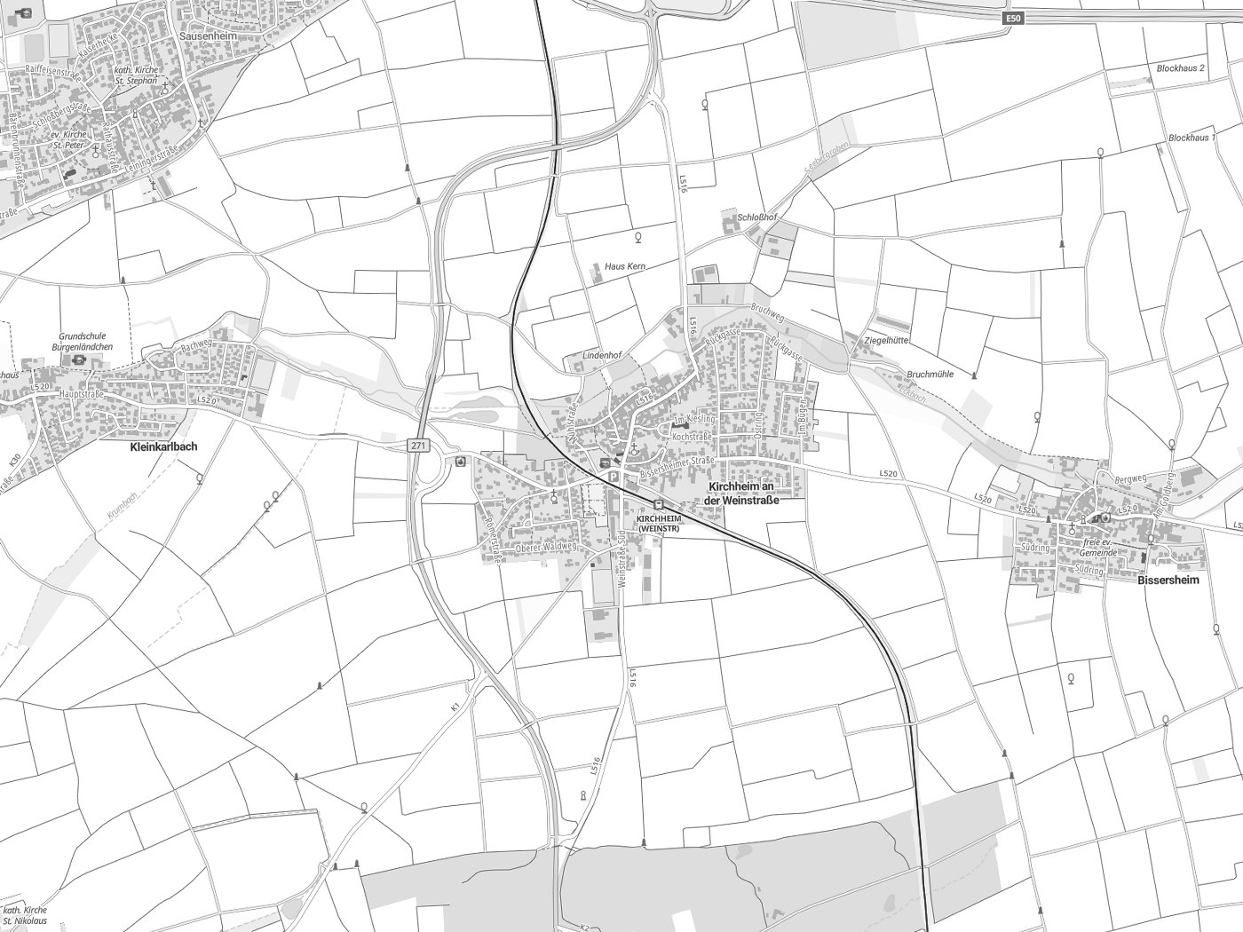 Kartenausschnitt Kirchheim an der Weinstraße mit Gewässern